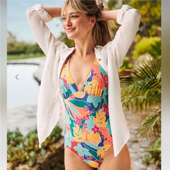 MARINE LAYER Plunge One Piece Swimsuit in Yellow Hibiscus Floral Size Small NWT - Picture 8 of 10